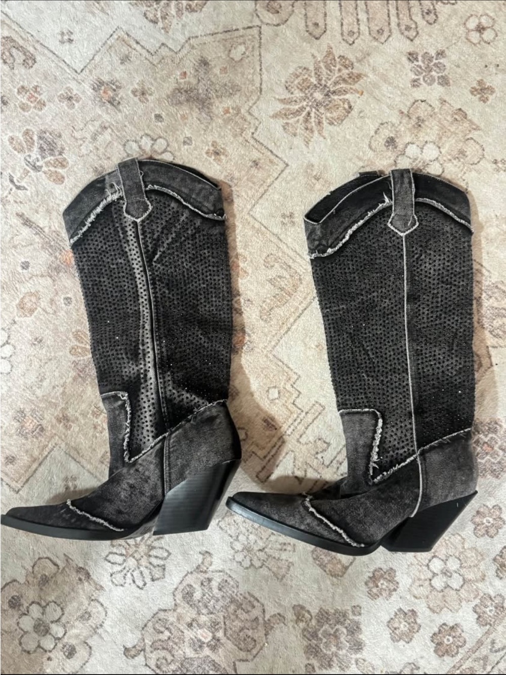 Zara Black Perforated Suede Western Mid-Calf Boots - Women